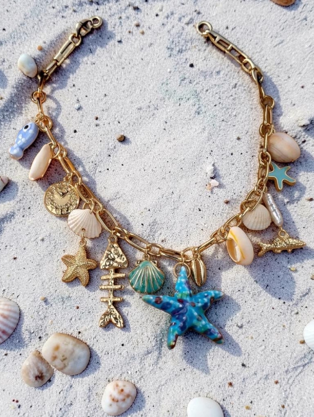 Coastal Gold Charm Necklace With Starfish, Shells & Pendants; Boho; NWOT